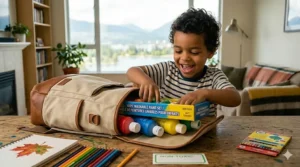 A flat lay illustration of Canadian school supplies, including a backpack, safety scissors, and a multi-colour washable paint set for kids.