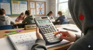 A 4K photorealistic view of a student utilizing a scientific calculator to solve an algebraic equation next to a handwritten Canadian BEDMAS cheat-sheet in their notebook, surrounded by middle school math textbooks.