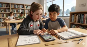An over-the-shoulder 4K photorealistic shot of a student wearing a Canadian maple leaf hoodie solving complex cylinder and circle geometry problems on graph paper using a scientific calculator.