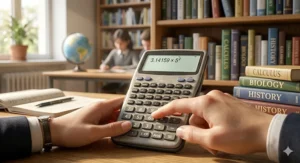 A detailed 4K photorealistic image of a middle school girl using a scientific calculator to solve fraction-to-decimal problems in her Grade 6 Mathematics workbook, with a Canadian BEDMAS poster visible on the classroom wall.