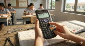 A 4K photorealistic illustration of two diverse Grade 6 students collaborating on a math assignment in a school library, using a scientific calculator to verify area and Canadian BEDMAS calculations.