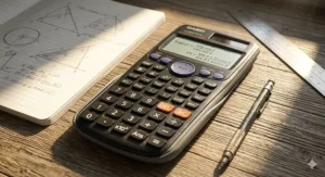 A close-up 4K photorealistic view of a student's hands typing a Pi and exponent equation into a scientific calculator on a library desk, with blurred students, a globe, and elementary math textbooks in the background.