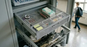 Shatterproof magnetic mirror for middle school locker.