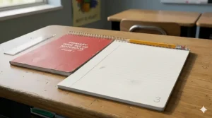 An open, top-bound wide-ruled spiral notebook designed for easy leaf-turning, showing the wide horizontal lines and a dotted baseline for printing practice.