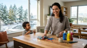 A smiling parent easily wiping vibrant tempera paint off a kitchen counter and a child's hands with a damp cloth, demonstrating a washable paint set for kids.