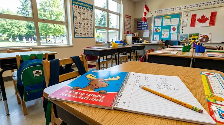 A colorful Grade 1 classroom setting in Canada featuring a primary wide-ruled notebook on a student desk, ready for early literacy lessons in English and French. wide ruled notebooks for grade 1