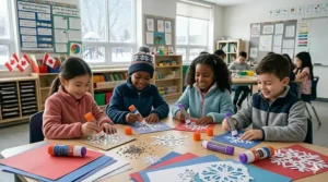 Illustration of kids using glue sticks for school projects to create snowflake decorations and paper crafts during a Canadian winter indoor recess.