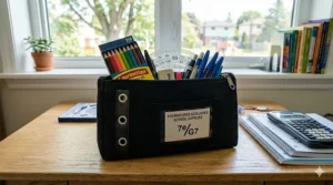 3-hole punched pencil case for grade 7 binder storage. Trousse à trois anneaux pour le rangement dans le classeur de 7e année.