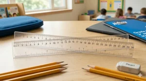 A standard 30cm plastic ruler used for math and drawing.