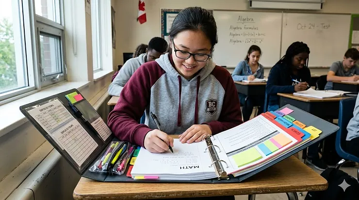 EN: Close-up of color-cod binder organization system for high school students