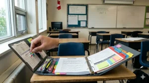 FR: Gros plan sur des onglets de couleurs pour trier un cartable scolaire.