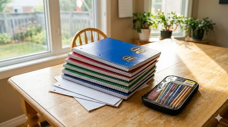 Stack of affordable notebooks for back-to-school season. budget friendly school supplies