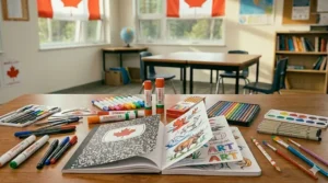 A photorealistic 4K detailed display of art supplies, including sketchbooks with animal drawings, watercolor sets, and fine-line markers for Canadian Grade 6 art projects.