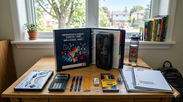 Student desk with organized back to school supplies grade 7 essentials. Bureau d'élève avec fournitures scolaires organisées pour la 7e année.