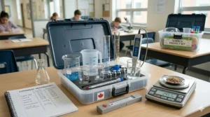 Glass beakers and measuring tools for science experiments.
