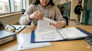 A high school student using sheet protectors in their binder to store important class handouts.