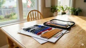 Set of budget-friendly pens and pencils for classroom use.