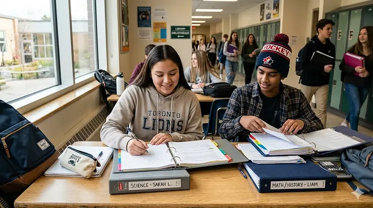 A student organizing school supplies using durable binders for high school students in Canada.