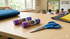 Non-toxic glue sticks and safety scissors for third grade students.