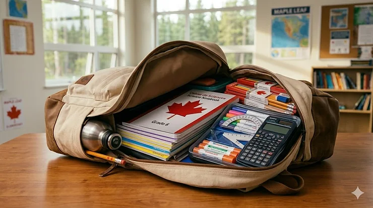 A photorealistic 4K view of an organized open backpack, packed with Canadian-standard school supplies, notebooks, and geometry tools for Grade 6 students. school supplies for grade 6