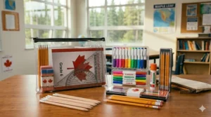 Photorealistic 4K illustration of complete Grade 6 stationary kits in a Canadian classroom, featuring clear cases, Canadian-branded pencils, dynamic markers, geometric tools, and glue sticks with bilingual labels.