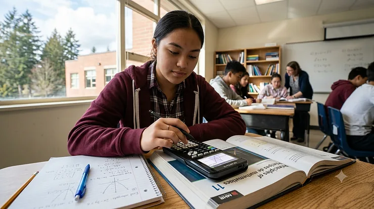 A student using a graphing calculator for high school math in a classroom.