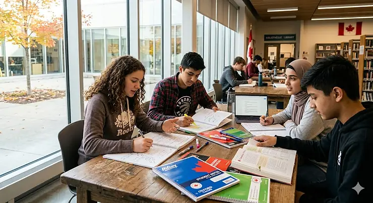 Diverse students using notebooks for high school students in a Canadian library.