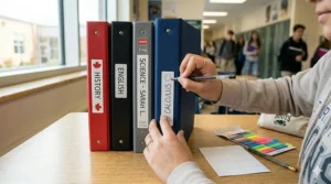 Close-up of a student labeling a binder spine to easily find binders for high school students.