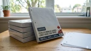 Packs of lined loose-leaf paper for grade 7 academic work. Paquets de papier mobile ligné pour le travail scolaire en 7e année.