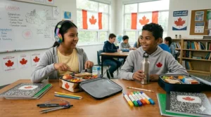 A photorealistic 4K close-up of Grade 6 students with durable, reusable lunch boxes and branded water bottles in a bright, Canadian school environment.