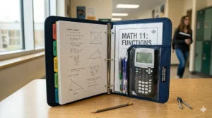 Organized math binder for high school students with graph paper and calculator storage.
