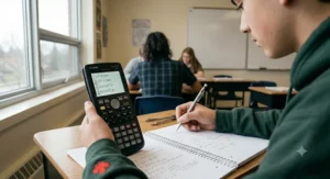 Detailed view of a high school scientific calculator screen. Vue détaillée de l'écran d'une calculatrice scientifique pour le secondaire.