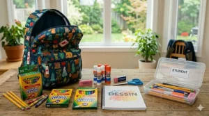 A set of non-toxic crayons and washable markers for kindergarten arts and crafts.