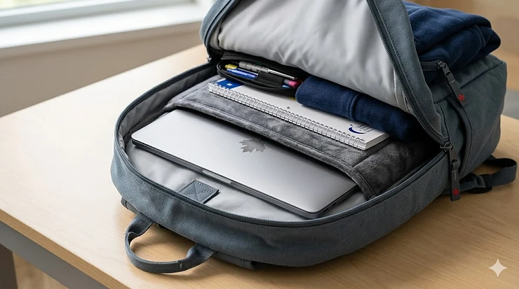 Padded laptop sleeve inside a student backpack, protecting electronics for daily use.