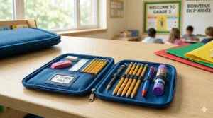 A durable zipper pencil case filled with basic school supplies.