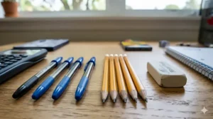 Standard blue pens and pencils for grade 7 school supplies. Stylos bleus et crayons standards pour les fournitures de 7e année.