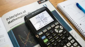 Student studying for a math exam using a graphing calculator in Canada.