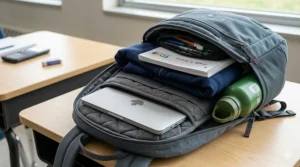 Reflective safety details on a school backpack for visibility during dark Canadian winter mornings.