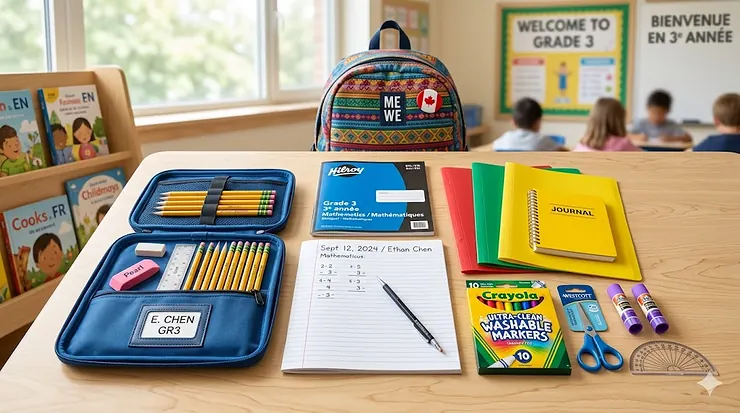 A organized collection of grade 3 school supplies including pencils, notebooks, and duotangs. school supplies for grade 3