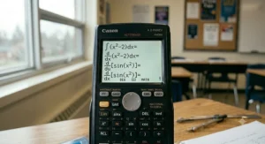 Solar-powered scientific calculator on a school desk. Calculatrice scientifique à énergie solaire sur un pupitre d'école.
