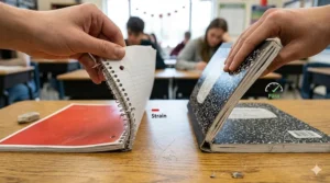Side-by-side durability test: spiral coil versus sewn binding of a composition book.