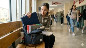 A backpack packed with essential binders for high school students for the academic year.