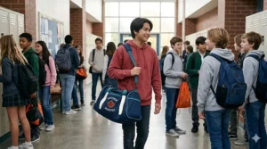 Student walking with gym bag for middle school students | Élève marchant avec un sac de sport pour élèves du secondaire