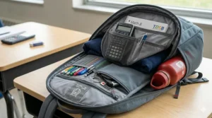 A student wearing a backpack correctly with straps tightened for balanced posture and comfort.