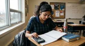 Student solving complex calculus problems with a calculator. Étudiant résolvant des problèmes de calcul complexes avec une calculatrice.