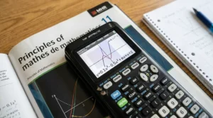 A high school student solving an algebra equation with a handheld calculator.