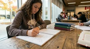 High school student writing in their notebook during a study session.