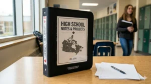 A standard three-ring binder for high school students holding loose-leaf paper and notes.