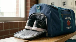 Ventilated shoe compartment on gym bag for middle school students | Compartiment à chaussures ventilé pour sac de sport scolaire