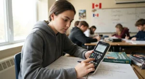 Student using graphing calculator in math class